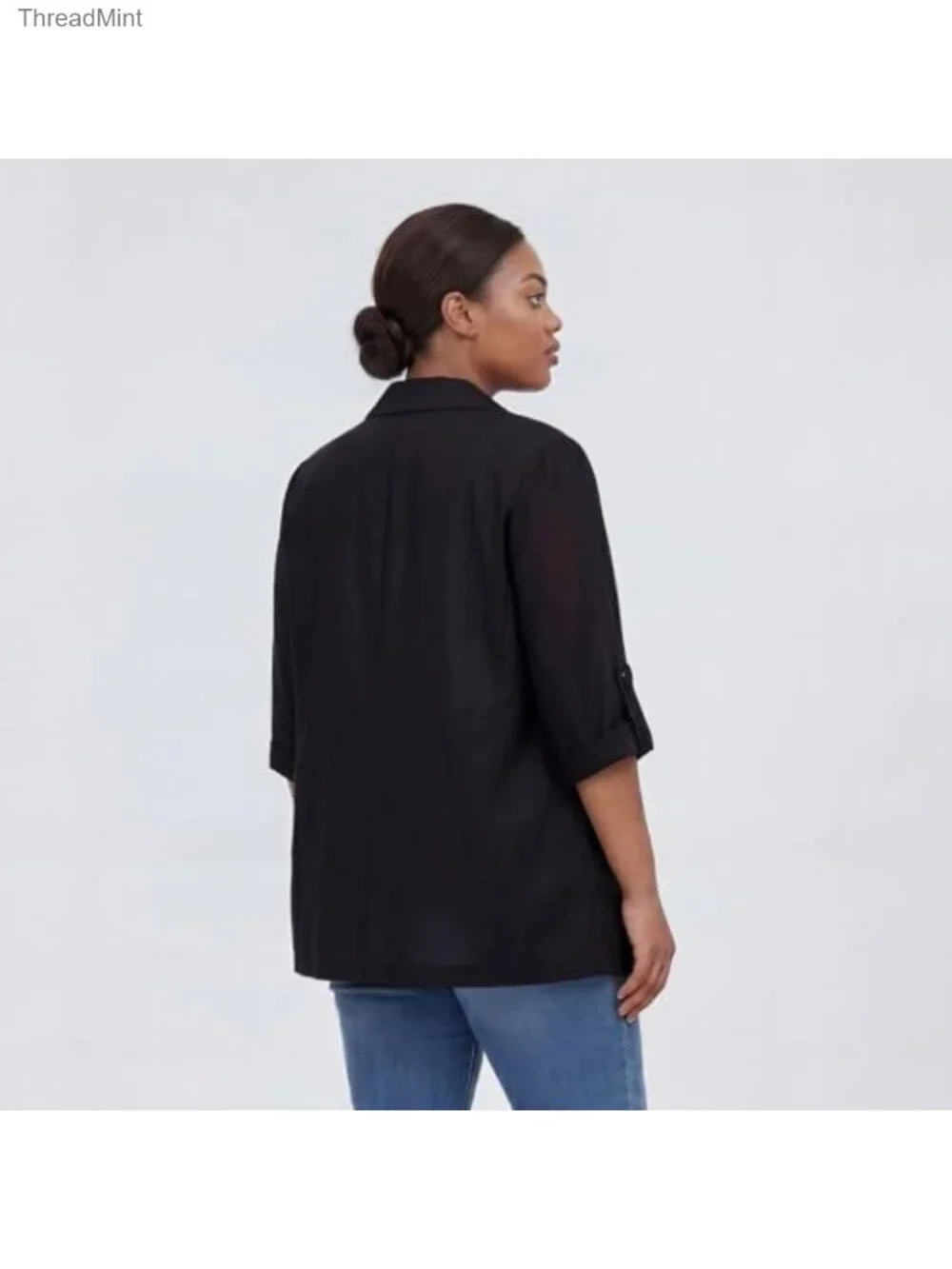 Plus Size Relaxed Fit Blazer with Ruched 3/4 Sleeves